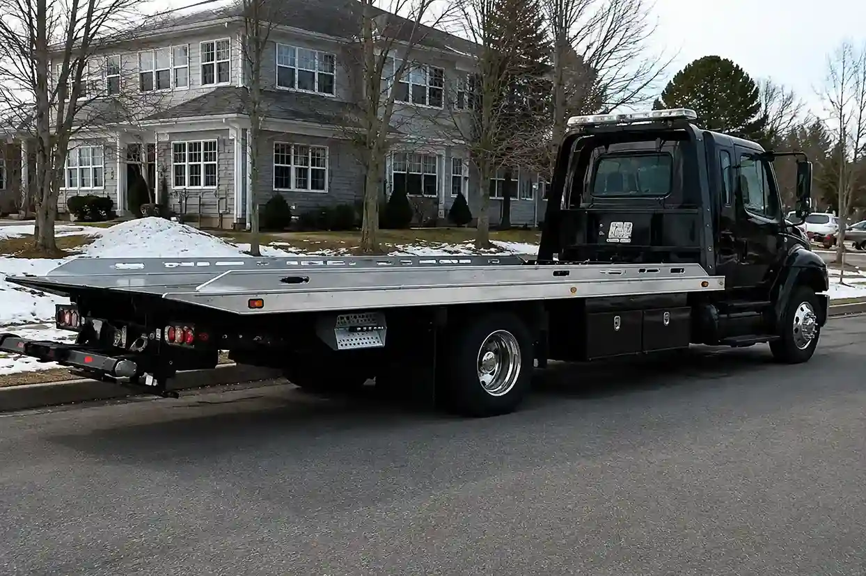 Arlington Tow Pro flatbed truck towing a car in Ashland, MA
